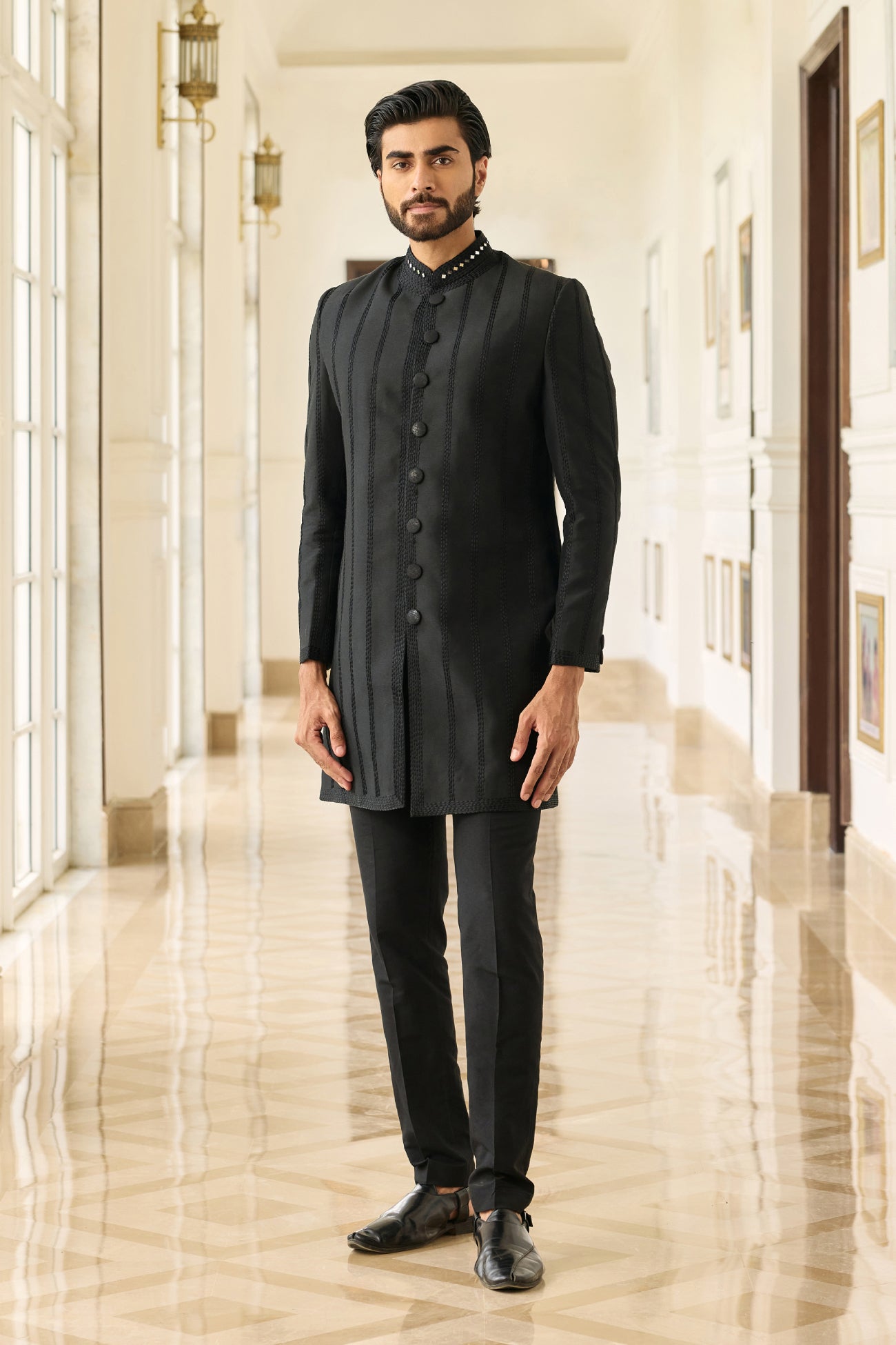 Jal Sherwani Set in Black Mirror & Thread-Work