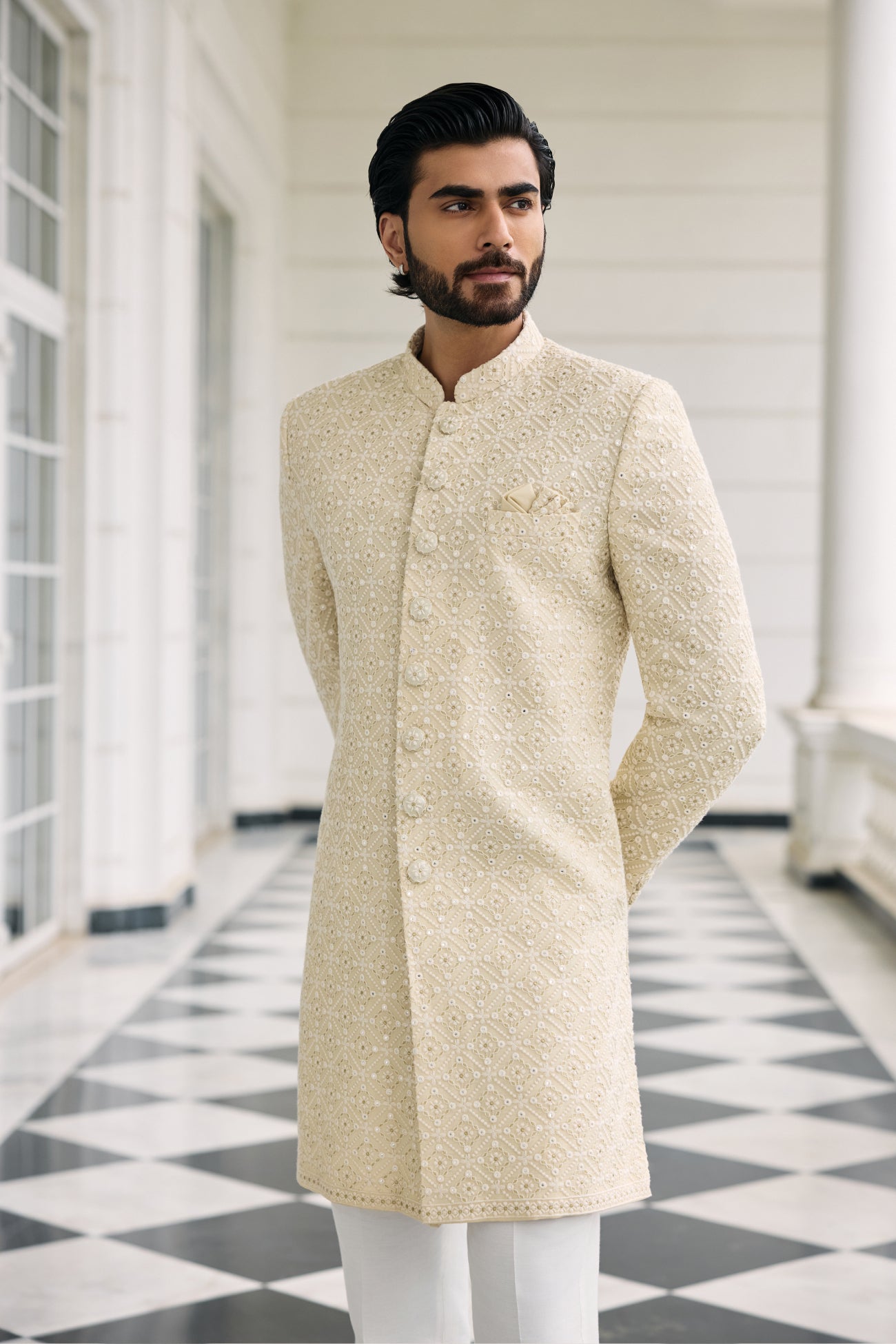 Jal Sherwani Set in Champagne Lucknowi
