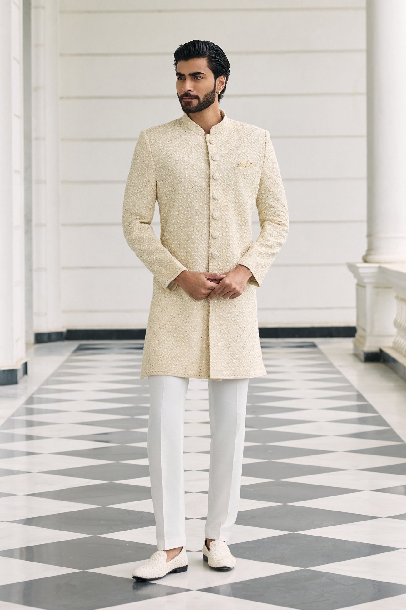 Jal Sherwani Set in Champagne Lucknowi
