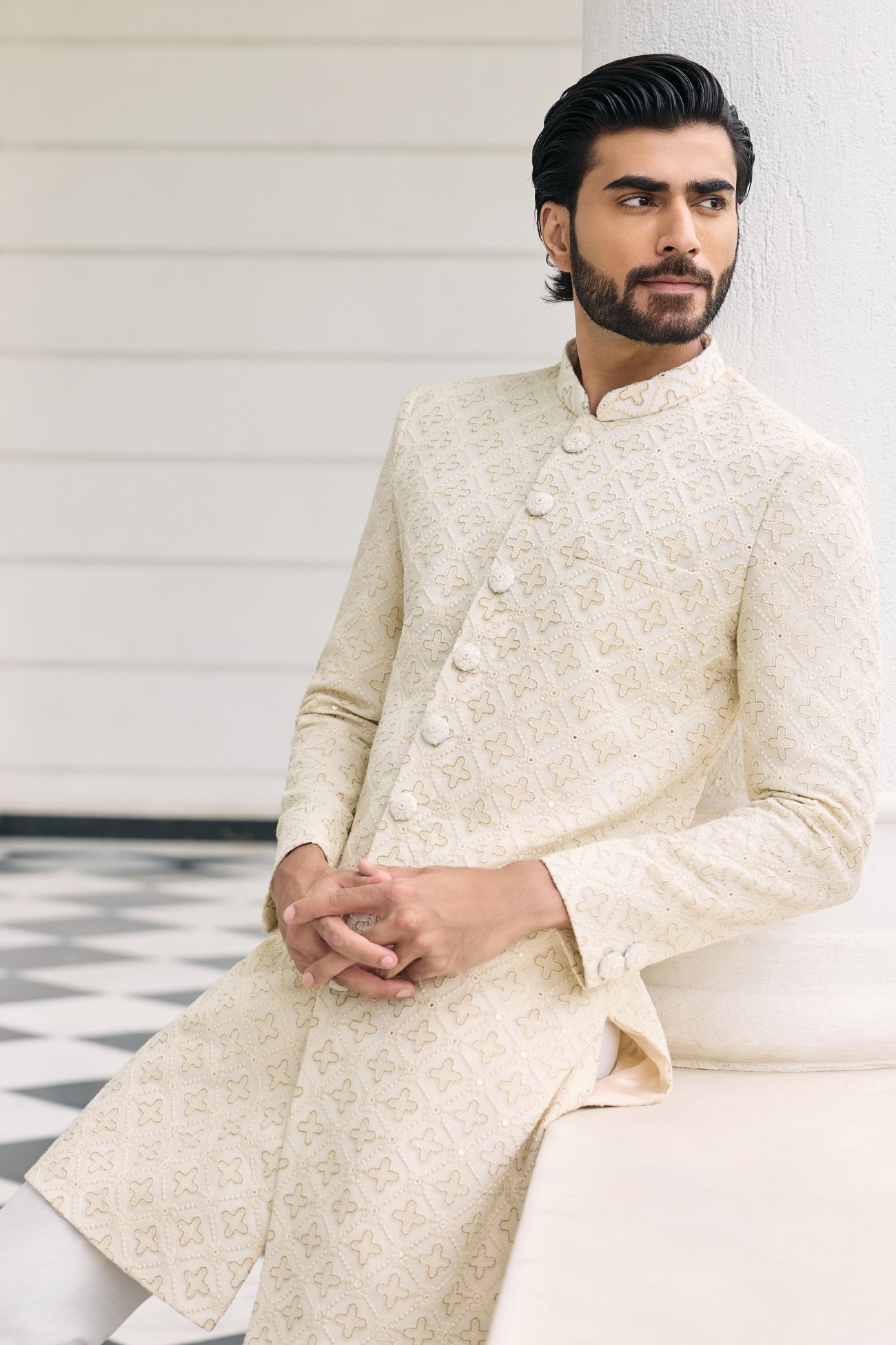 Jal Sherwani Set in Ivory Lucknowi