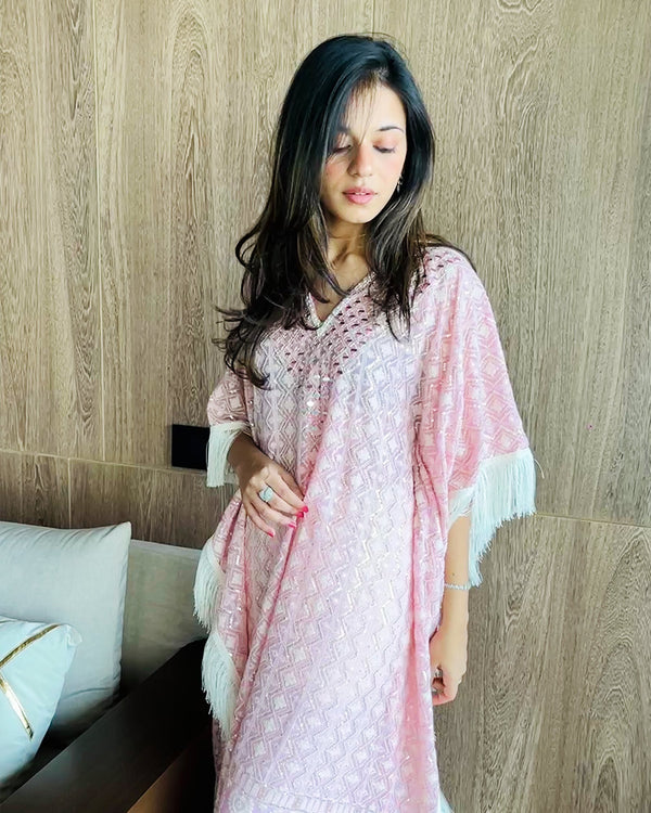 Lucknowi Kaftan in Pink with Mirror Neck