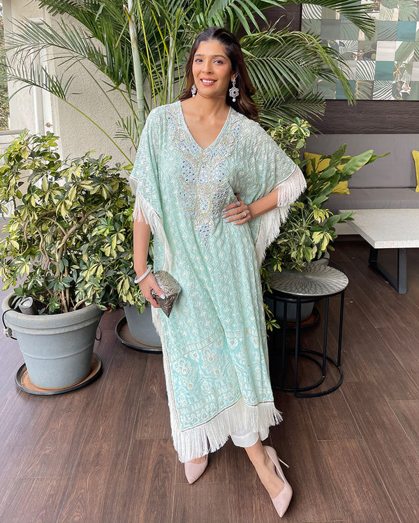 Lucknowi Kaftan in Aqua with Gota and Mirror Neck