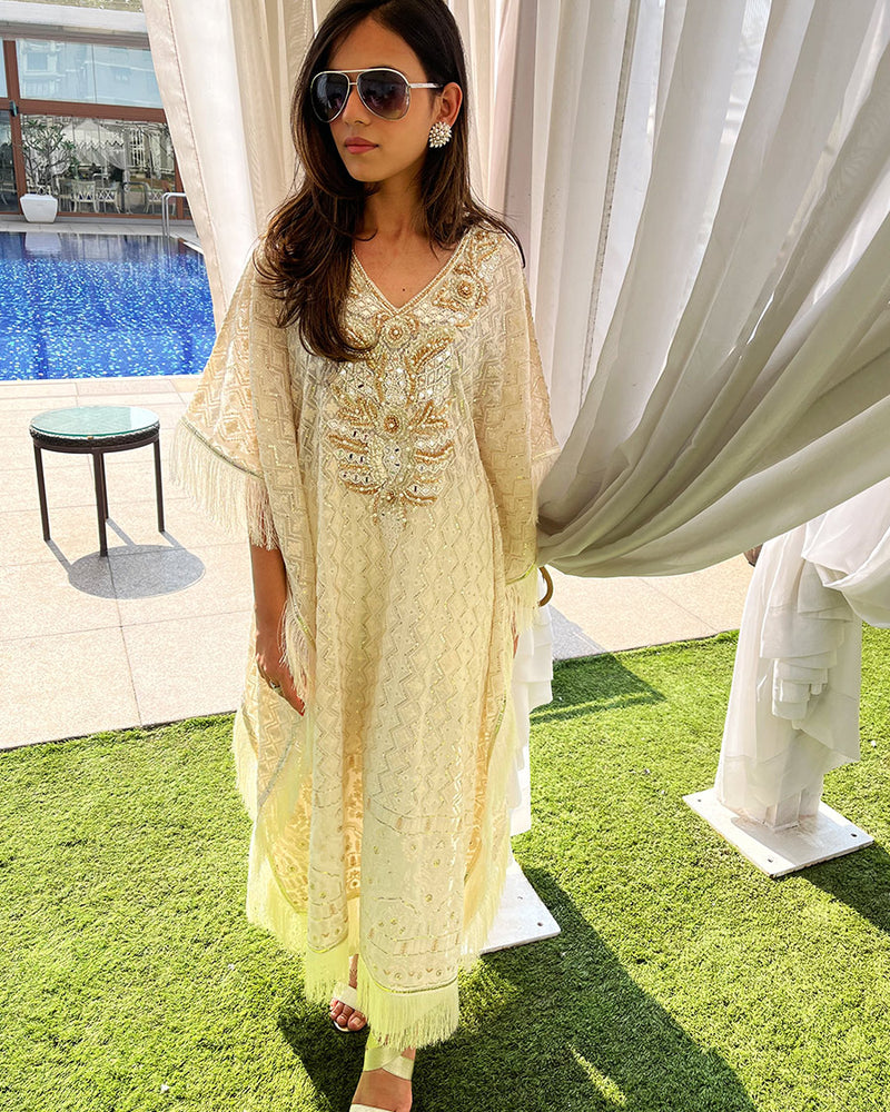 Lucknowi Kaftan in Ivory with Gota and Mirror Neck
