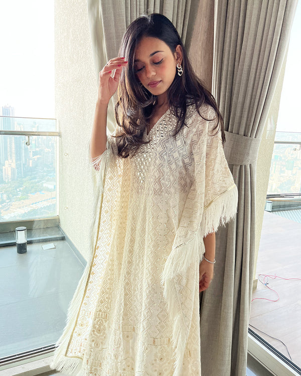 Lucknowi Kaftan in Ivory with Mirror Neck