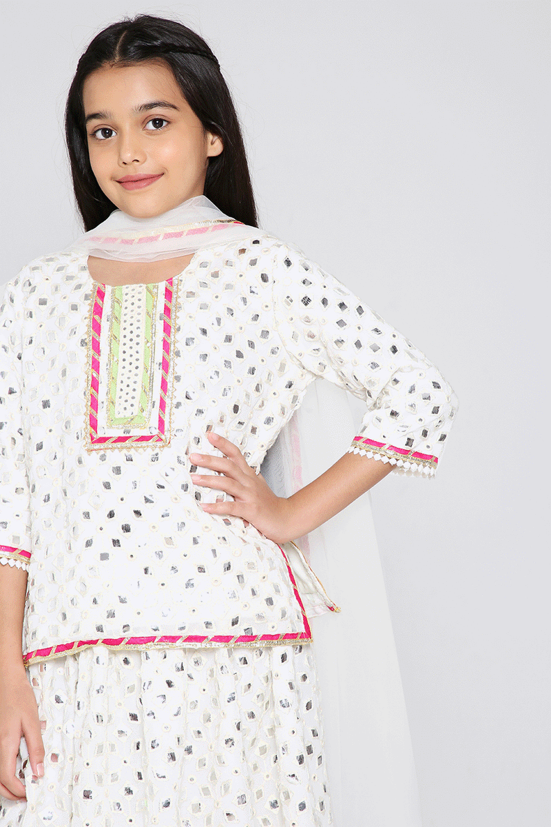 Sheesh Mahal Lehenga with Kurti blouse in Ivory