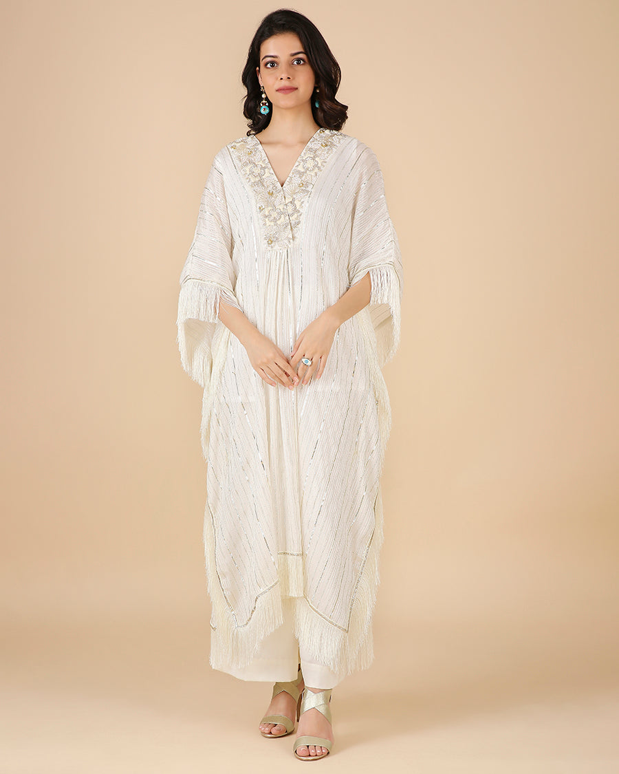 Gota Kaftan in Ivory with Overlap Hand-Embroidered Neckline (Long 3 piece set)