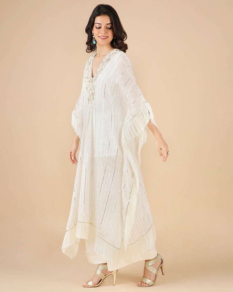 Gota Kaftan in Ivory with Overlap Hand-Embroidered Neckline (Long 3 piece set)