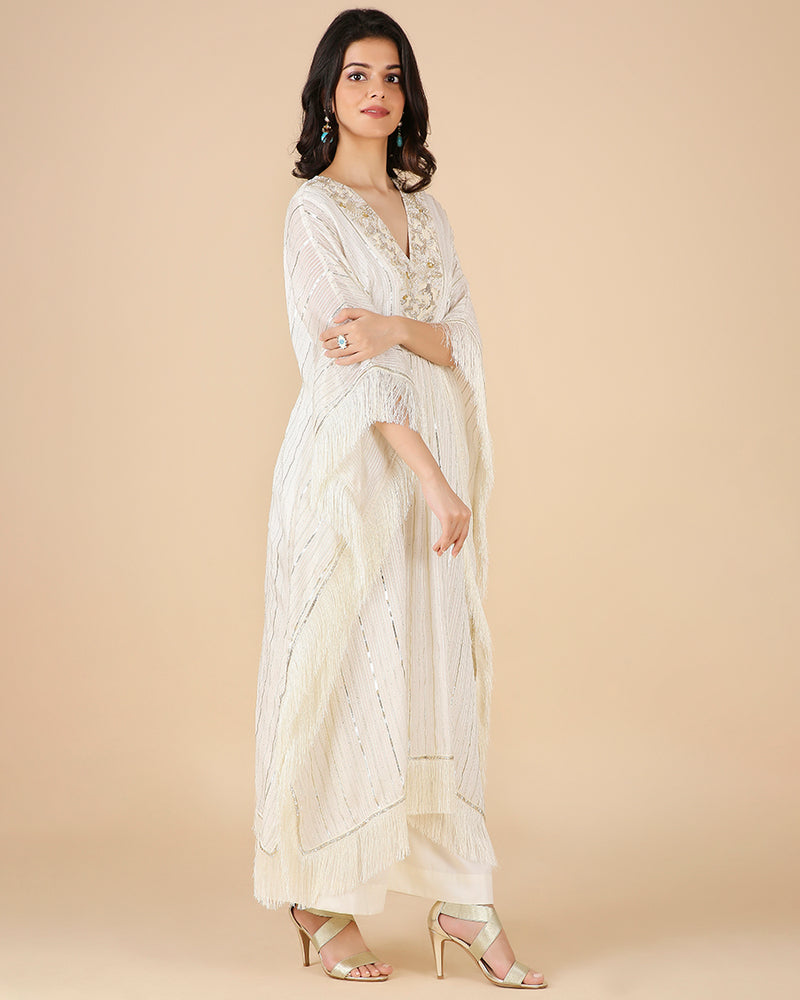 Gota Kaftan in Ivory with Overlap Hand-Embroidered Neckline (Long 3 piece set)