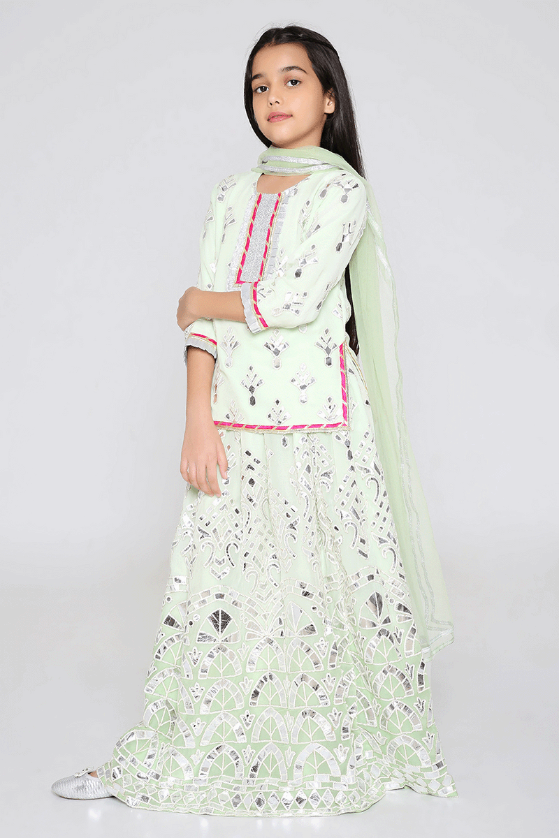 Sheesh Mahal Lehenga with Kurti blouse in Pistachio