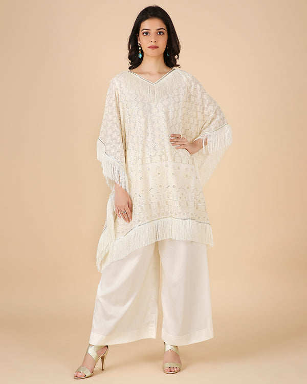 Lucknowi Kaftan in Ivory with Tassels (Short)