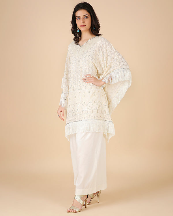 Lucknowi Kaftan in Ivory with Tassels (Short)