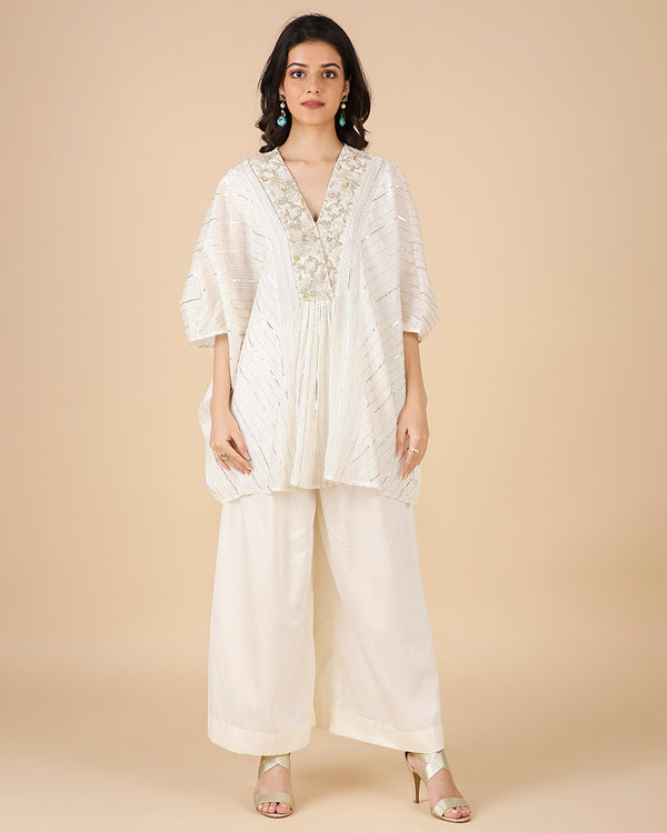 Gota Kaftan in Ivory with Overlap Hand-Embroidered Neckline (Short 3 piece set)