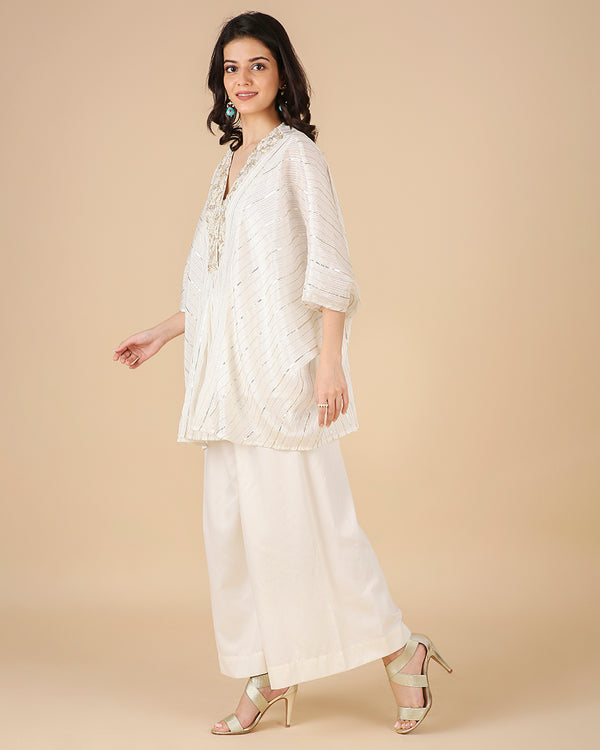 Gota Kaftan in Ivory with Overlap Hand-Embroidered Neckline (Short 3 piece set)