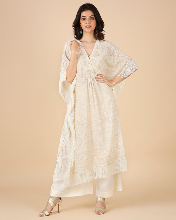 Lucknowi Kaftan in Ivory with Hand Embroidered Overlap Beadwork