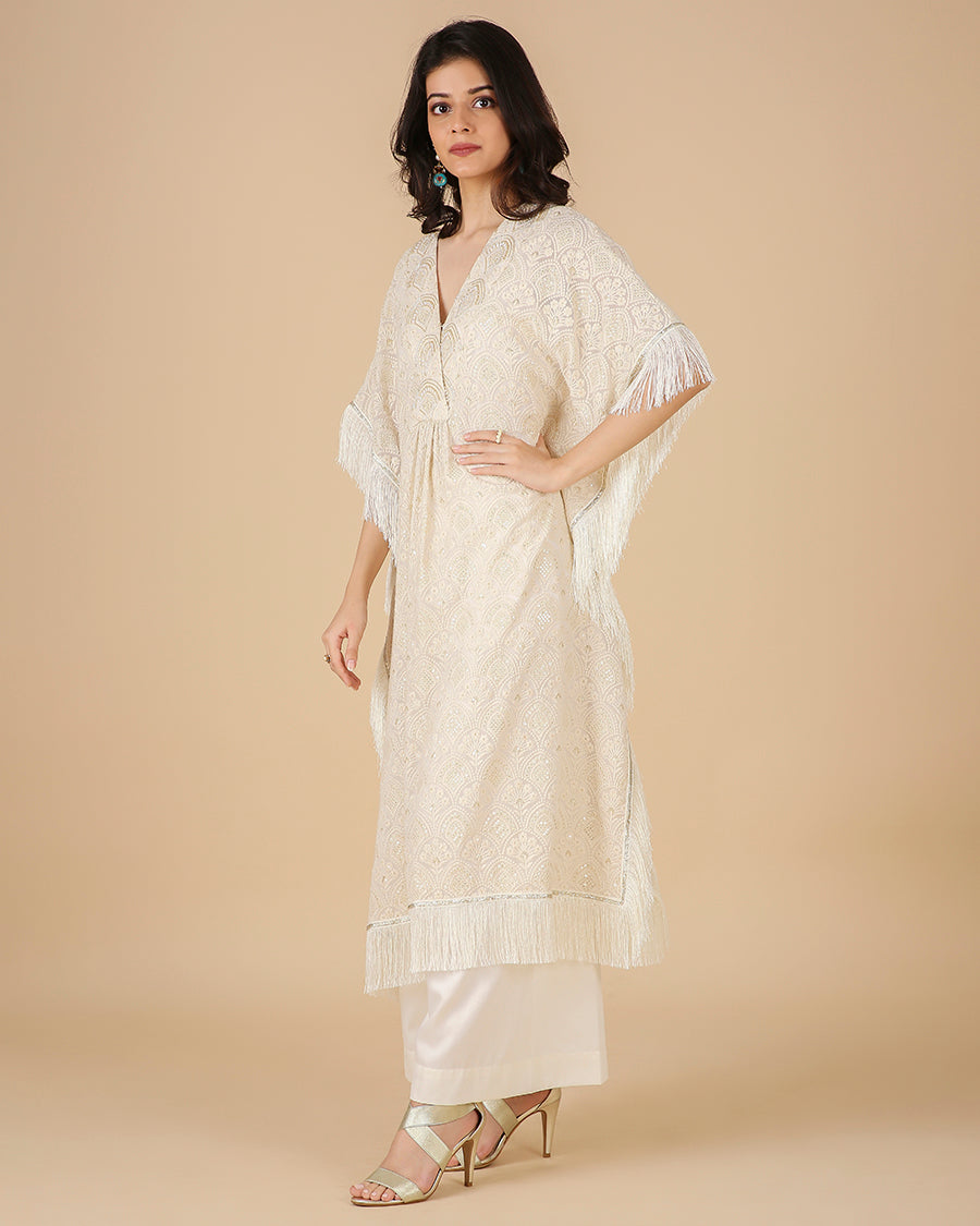 Lucknowi Kaftan in Ivory with Hand Embroidered Overlap Beadwork