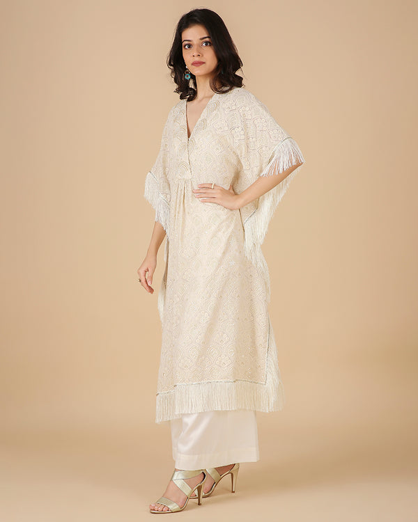 Lucknowi Kaftan in Ivory with Hand Embroidered Overlap Beadwork