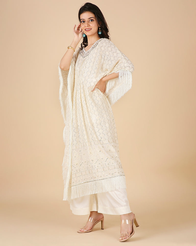 Lucknowi Kaftan in Ivory with Hand Embroidered Abla work
