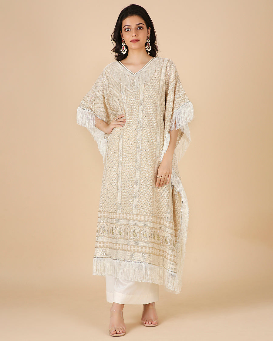 Lucknowi Kaftan in Beige with Tassels (Long)