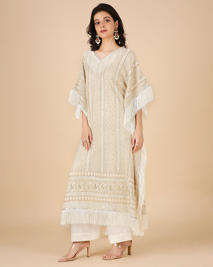 Lucknowi Kaftan in Beige with Tassels (Long)