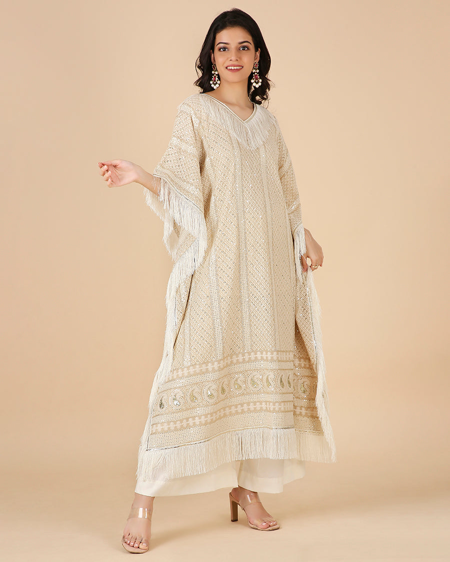 Lucknowi Kaftan in Beige with Tassels (Long)