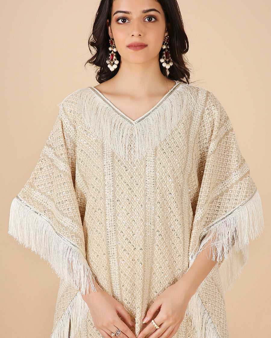 Lucknowi Kaftan in Beige with Tassels (Long)