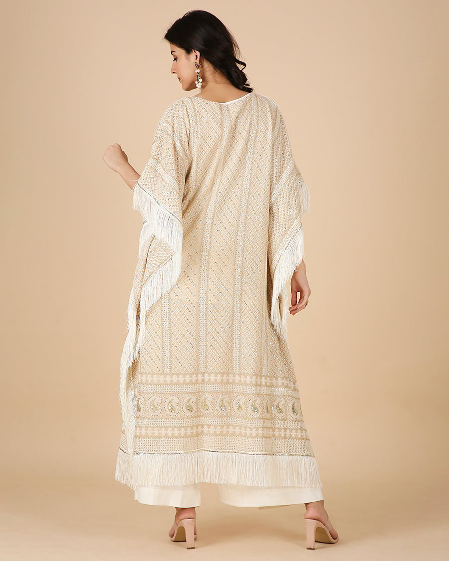 Lucknowi Kaftan in Beige with Tassels (Long)