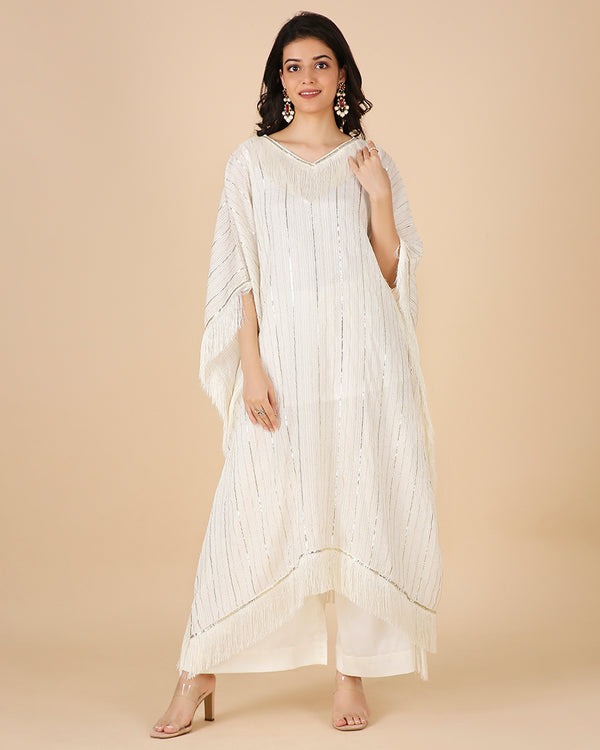 Gota Kaftan in Ivory with Tassels (Long)