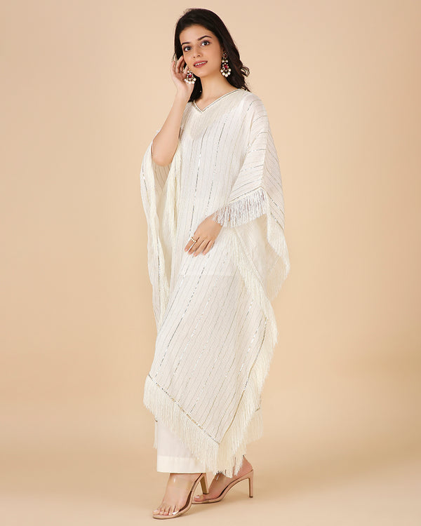 Gota Kaftan in Ivory with Tassels (Long)