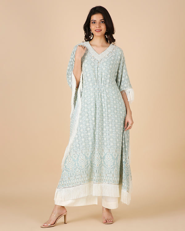 Lucknowi Kaftan in Cornflower with Hand Embroidered Pearl work