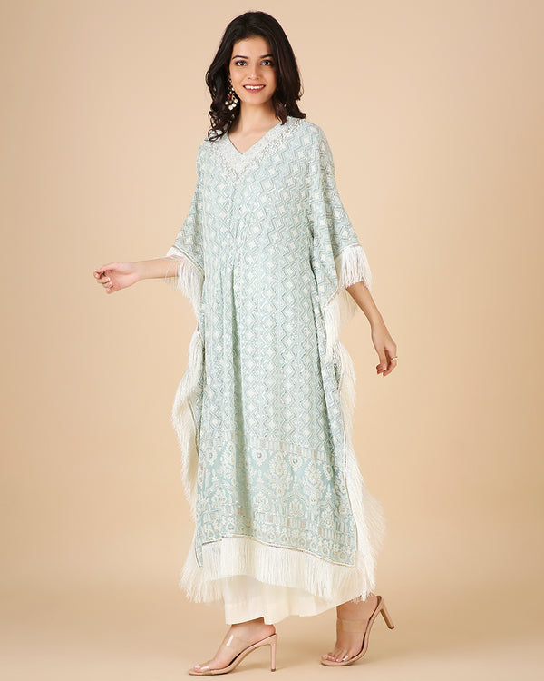 Lucknowi Kaftan in Cornflower with Hand Embroidered Pearl work