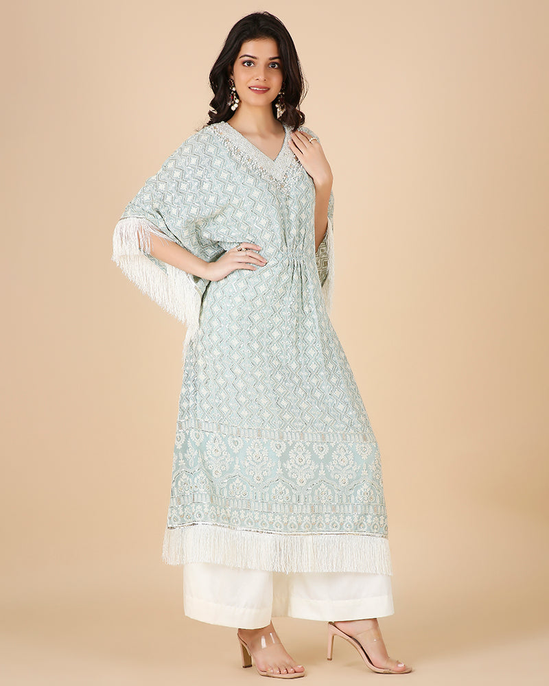 Lucknowi Kaftan in Cornflower with Hand Embroidered Pearl work