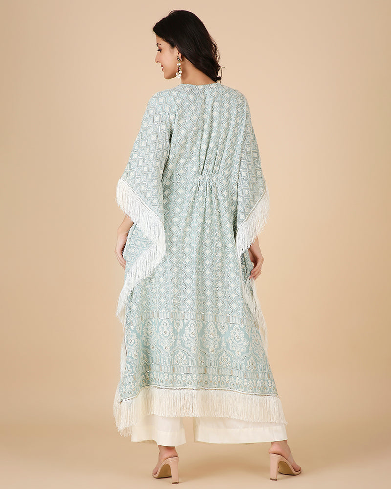 Lucknowi Kaftan in Cornflower with Hand Embroidered Pearl work