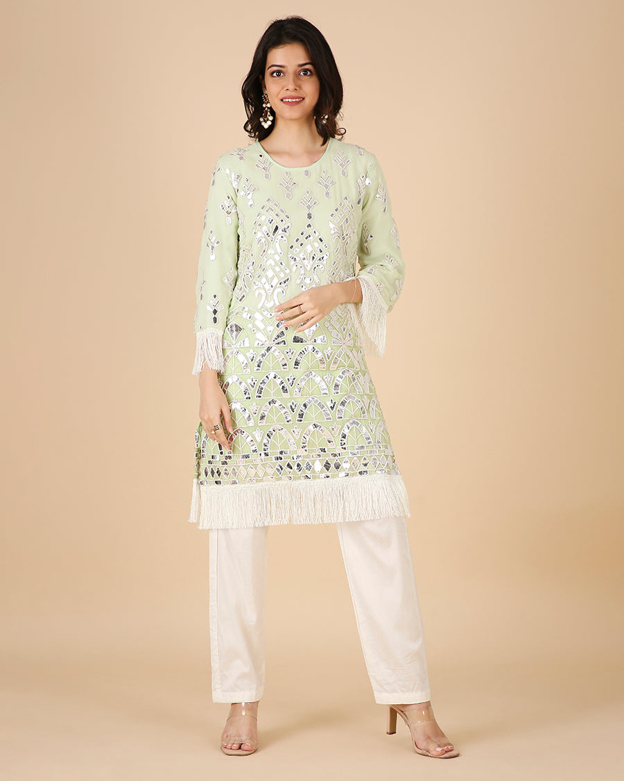 Sheesh Mahal Kurta in Pistachio with Fringe (Short)