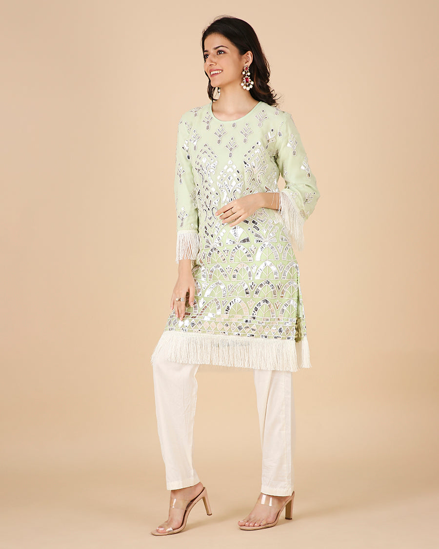 Sheesh Mahal Kurta in Pistachio with Fringe (Short)