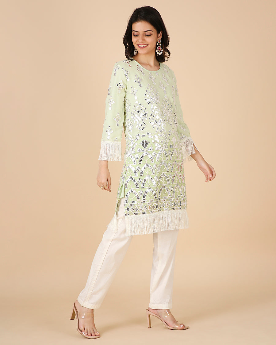 Sheesh Mahal Kurta in Pistachio with Fringe (Short)