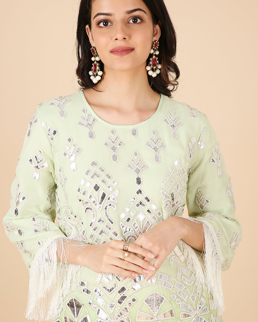 Sheesh Mahal Kurta in Pistachio with Fringe (Short)