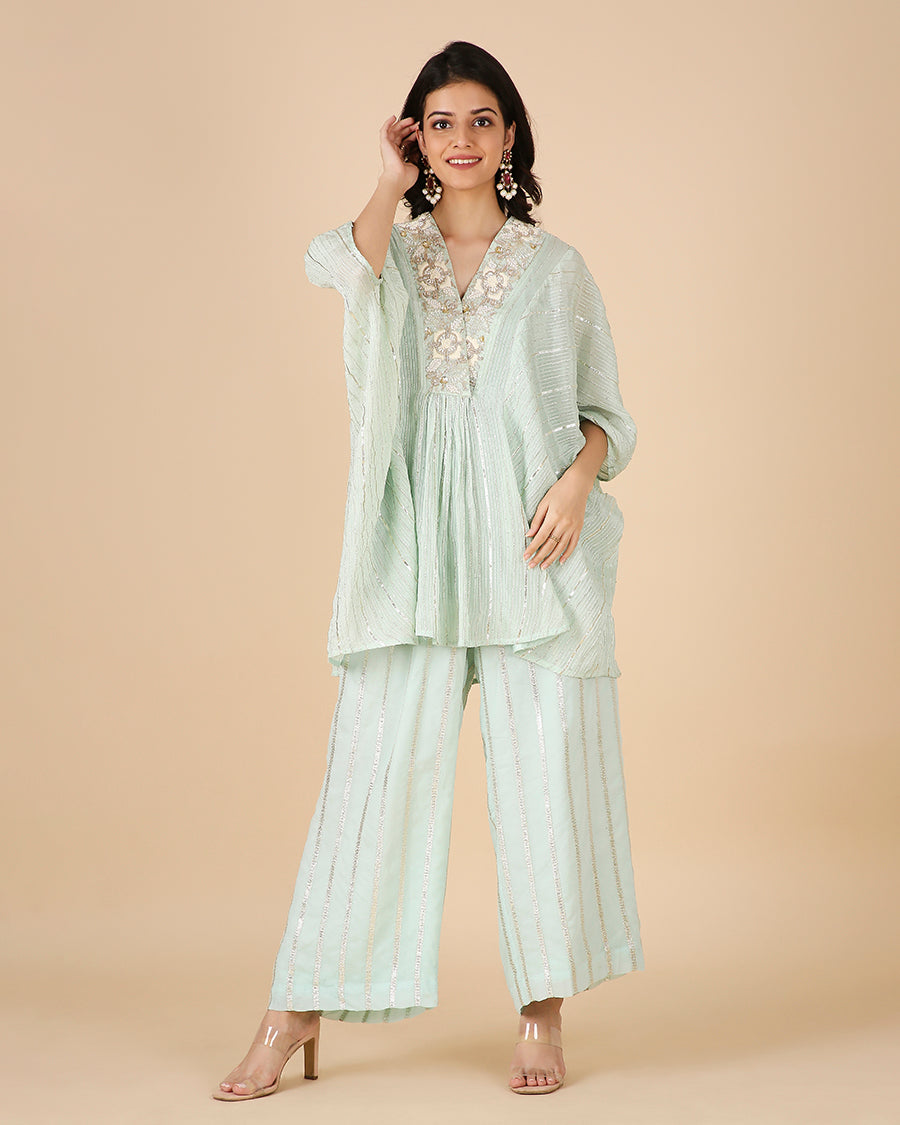 Gota Kaftan in Aqua with Overlap Hand-embroidered Neckline (Short 3 piece set)