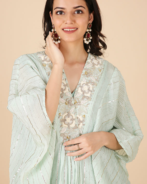 Gota Kaftan in Aqua with Overlap Hand-embroidered Neckline (Short 3 piece set)