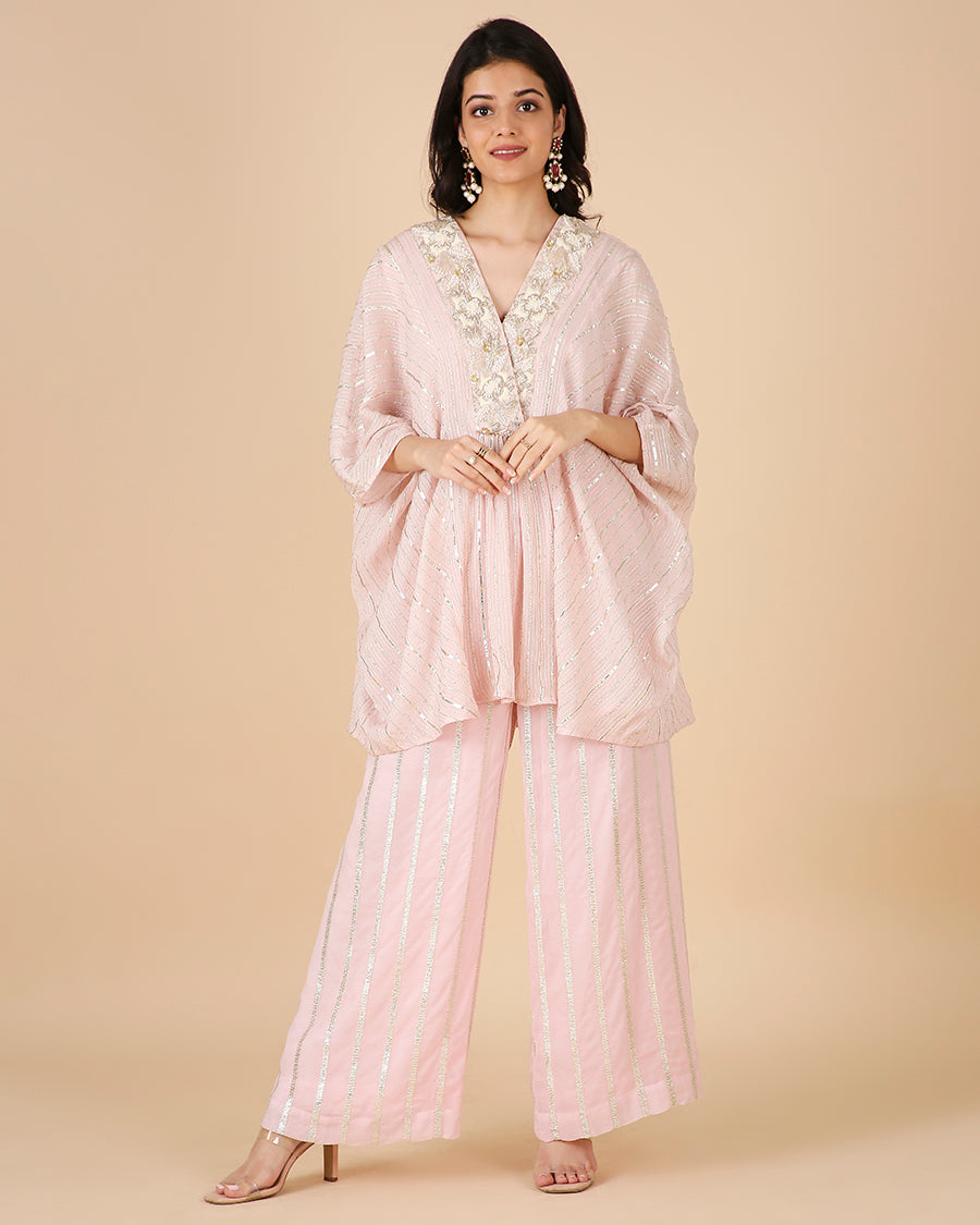 Gota Kaftan in Blush with Overlap Hand-Embroidered Neckline (Short 3 piece set)