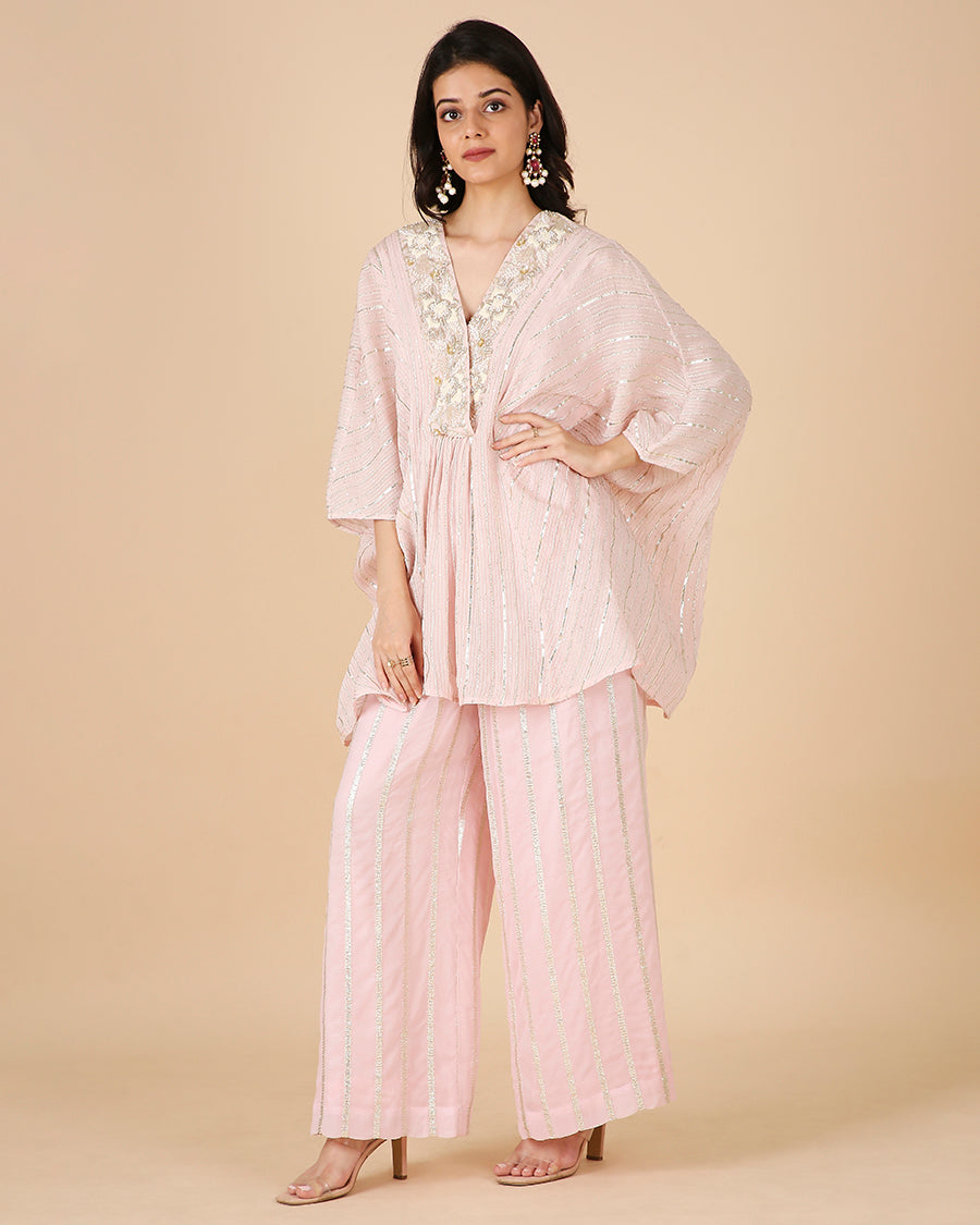 Gota Kaftan in Blush with Overlap Hand-Embroidered Neckline (Short 3 piece set)