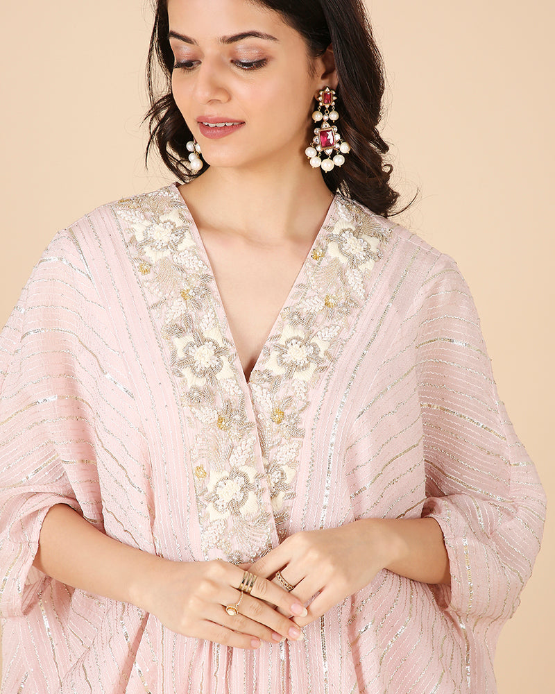 Gota Kaftan in Blush with Overlap Hand-Embroidered Neckline (Short 3 piece set)