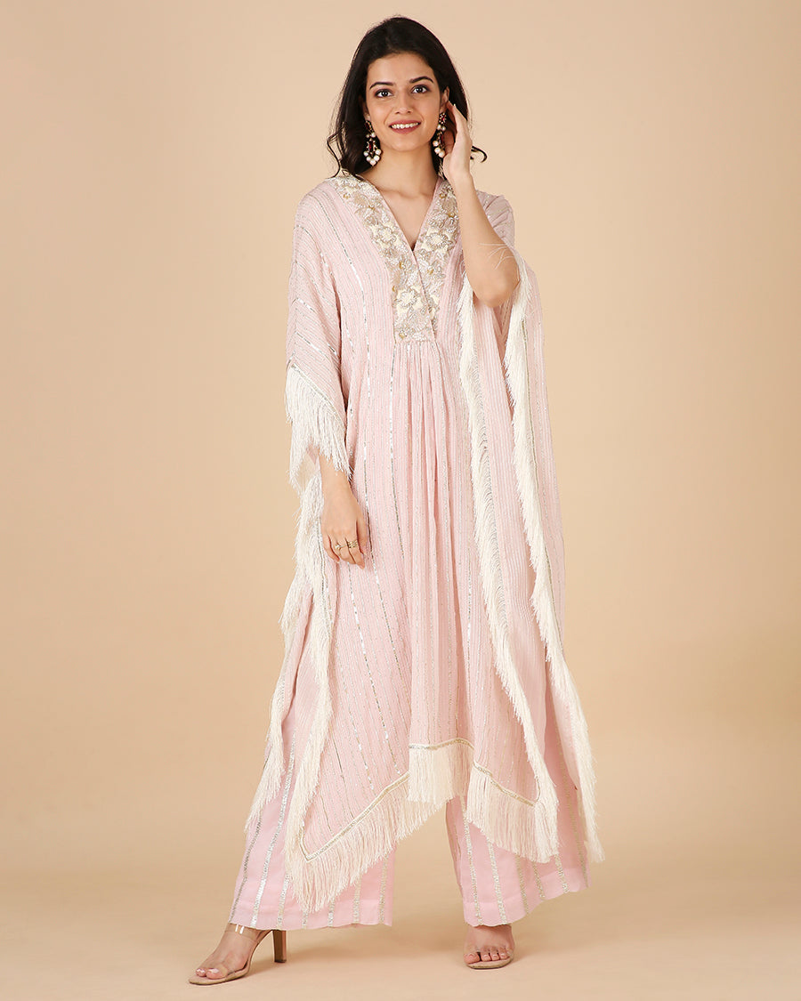 Gota Kaftan in Blush with Overlap Hand-Embroidered Neckline (Long 3 piece set)