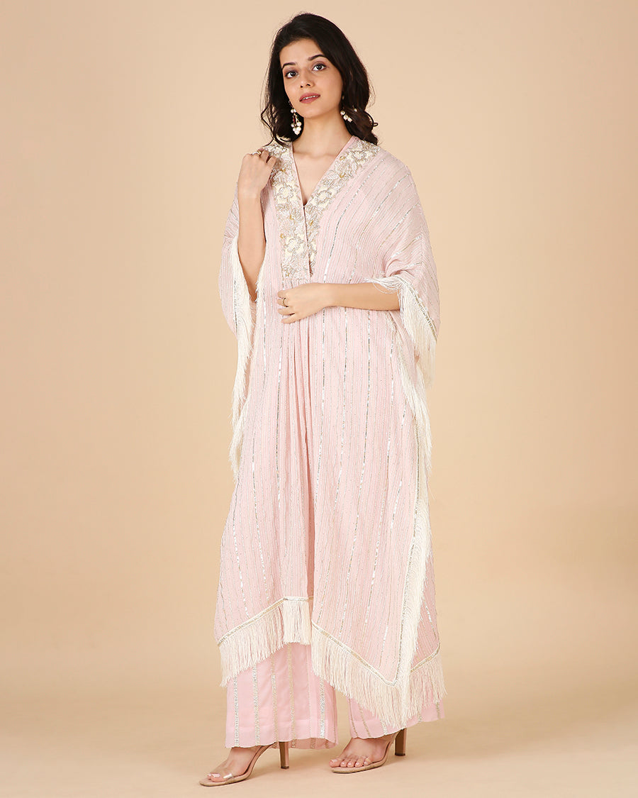 Gota Kaftan in Blush with Overlap Hand-Embroidered Neckline (Long 3 piece set)