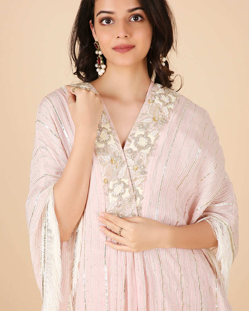 Gota Kaftan in Blush with Overlap Hand-Embroidered Neckline (Long 3 piece set)