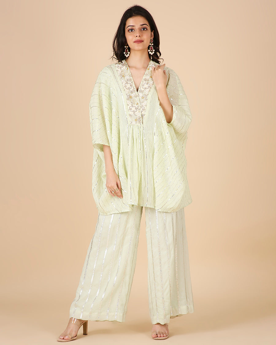 Gota Kaftan in Pistachio with Overlap Hand-Embroidered Neckline (Short 3 piece set)