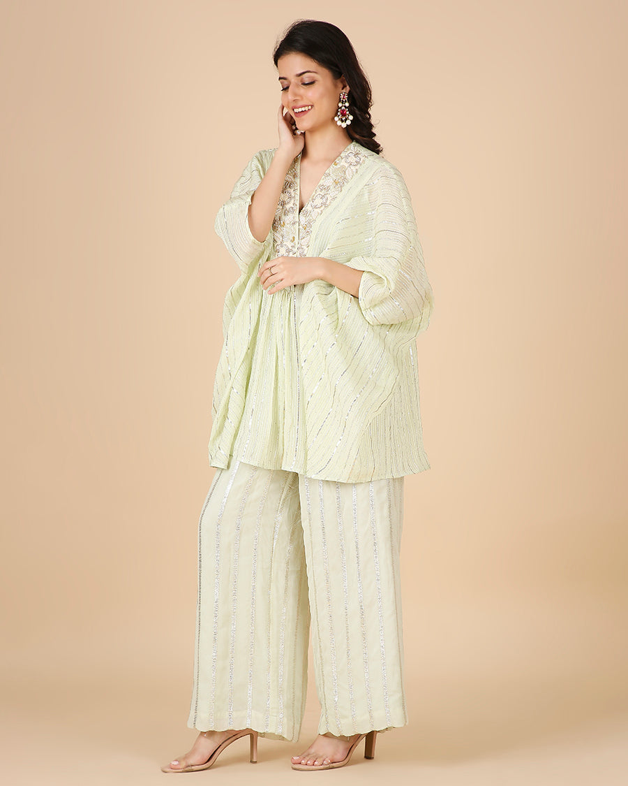 Gota Kaftan in Pistachio with Overlap Hand-Embroidered Neckline (Short 3 piece set)