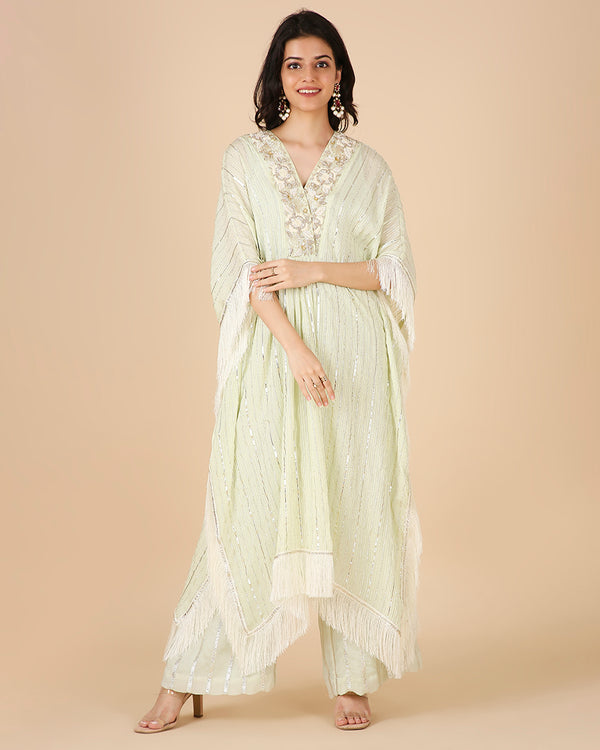 Gota Kaftan in Pistachio with Overlap Hand-Embroidered Neckline (Long 3 piece set)