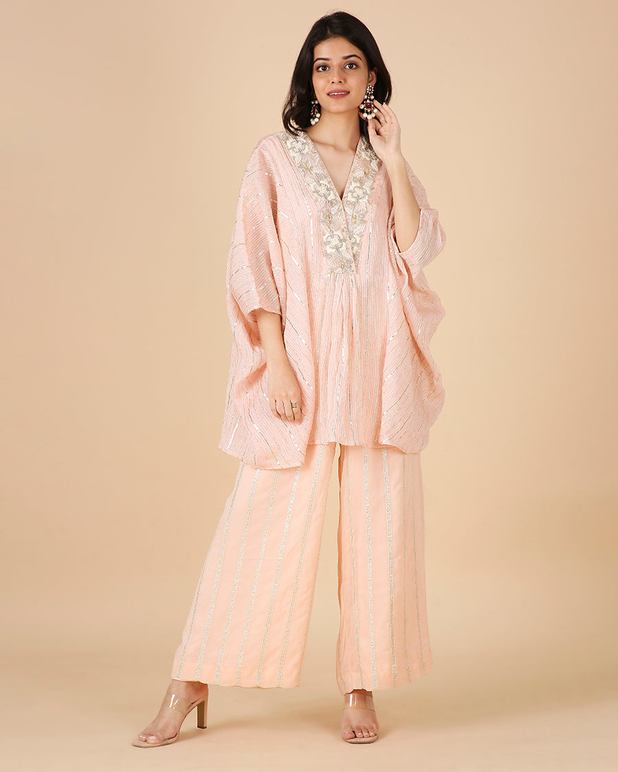 Gota Kaftan in Peach with Overlap Hand-Embroidered Neckline (Short 3 piece set)