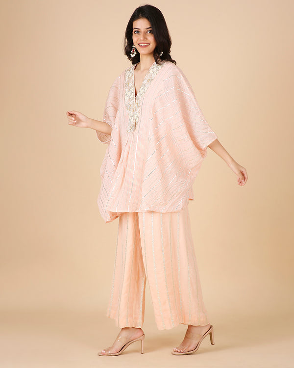 Gota Kaftan in Peach with Overlap Hand-Embroidered Neckline (Short 3 piece set)