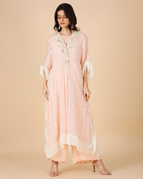 Gota Kaftan in Peach with Overlap Hand-Embroidered Neckline (Long 3 piece set)